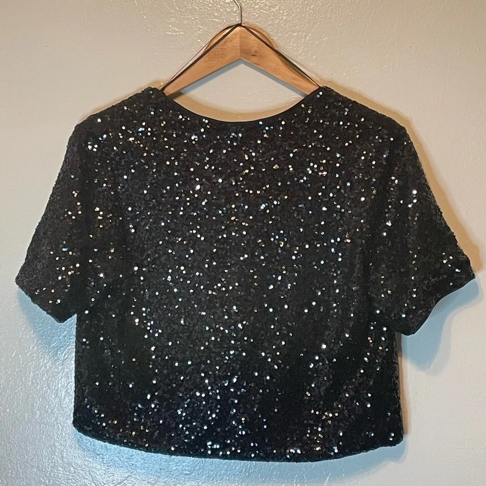 Rachel Zoe black sequins tie front crop top size M glitter Fairy
